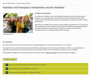 Das Foto zeigt einen Bildschirmdruck. Darüber steht: Praktikas und Ferienjobs in Großenhain und den Ortsteilen.