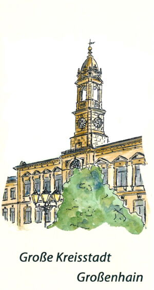 Das Foto zeigt ein Bild vom Rathaus. Darunter steht "Große Kreisstadt Großenhain".